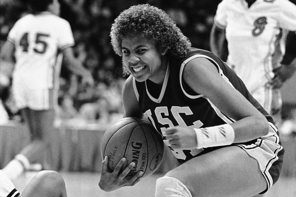 FILE - Southern California's Cheryl Miller reacts to a successful steal against the Georgia during the second half in the national semifinals of the NCAA women's college basketball tournament, Friday, April 2, 1983 in Norfolk, Va. (AP Photo/Bob Bryant, File)
