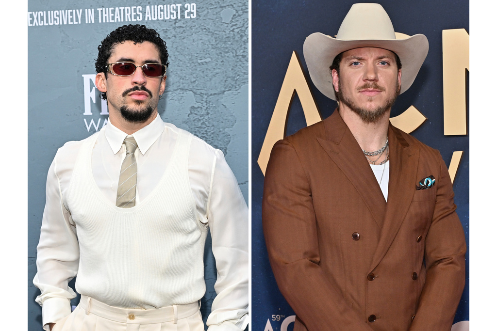 This combination of photos shows Bad Bunny at the premiere of "Caught Stealing" in New York on Aug. 26, 2025, left, and Brandon Lake at the 59th Annual Country Music Association Awards in Nashville, Tenn., on Nov. 19, 2025. (Photos by Evan Agostini/Invision/AP)
