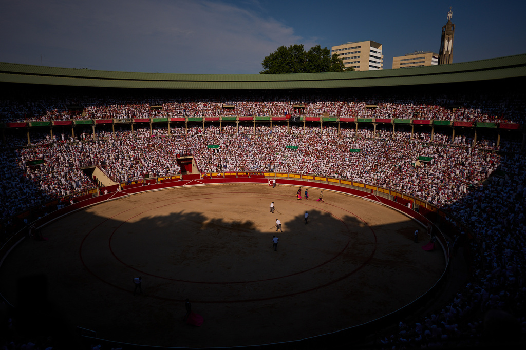 Bullfighters and their entourage during a bullfight at the San Fermín festival in Pamplona, northern Spain,Wednesday, July 8, 2026. (AP Photo/Miguel Oses)