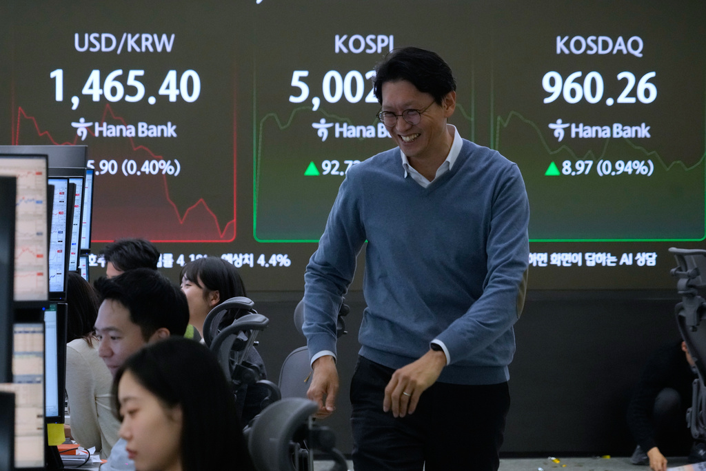 A currency trader passes by a screen showing the Korea Composite Stock Price Index (KOSPI) and the foreign exchange rate between U.S. dollar and South Korean won, left, at the foreign exchange dealing room of the Hana Bank headquarters in Seoul, South Korea, Thursday, Jan. 22, 2026. (AP Photo/Ahn Young-joon)