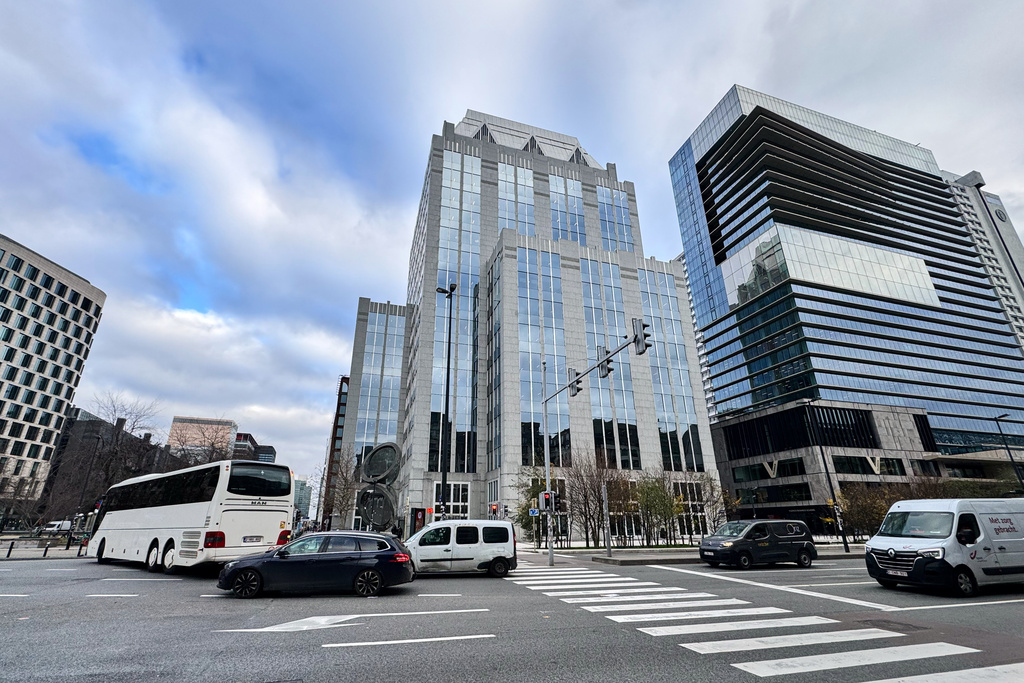 Cars drive past Euroclear headquarters in Brussels, Wednesday, Dec. 3, 2025. (AP Photo/Sylvain Plazy)