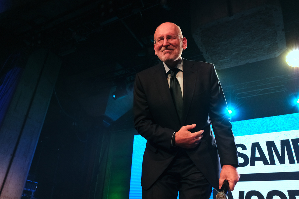 Frans Timmermans, of the center-left two party bloc of Labor Party and Green Left, speaks on stage during early exit poll results for the PvdA party at an election venue during a general election in Rotterdam, Netherlands, Wednesday, Oct. 29, 2025. (AP Photo/Patrick Post)
