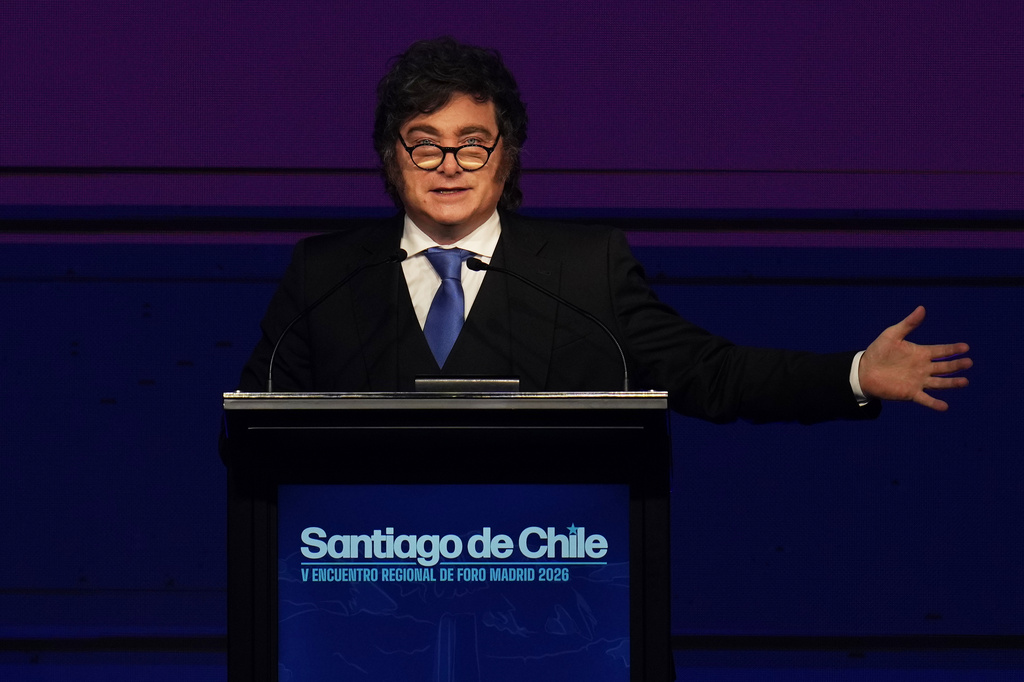 Argentina's President Javier Milei speaks at the Madrid Forum in Santiago, Chile, Thursday, Sept. 3, 2026. (AP Photo/Esteban Felix)