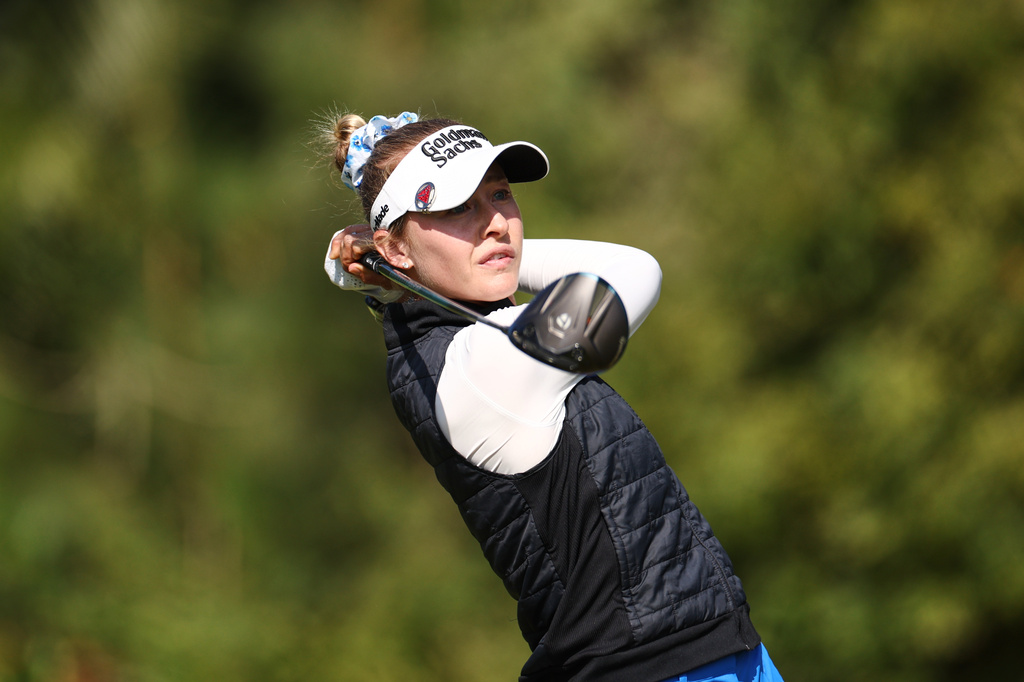 Nelly Korda hits off the 13th tee during the second round of the U.S. Women's Open golf tournament Friday, June 5, 2026, in the Pacific Palisades area of Los Angeles. (AP Photo/Jessie Alcheh)