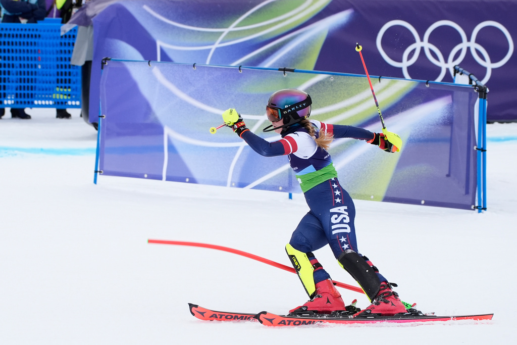 United States' Mikaela Shiffrin at the finish area during an alpine ski, slalom portion of a women's team combined race, at the 2026 Winter Olympics, in Cortina d'Ampezzo, Italy, Tuesday, Feb. 10, 2026. (AP Photo/Robert F. Bukaty)