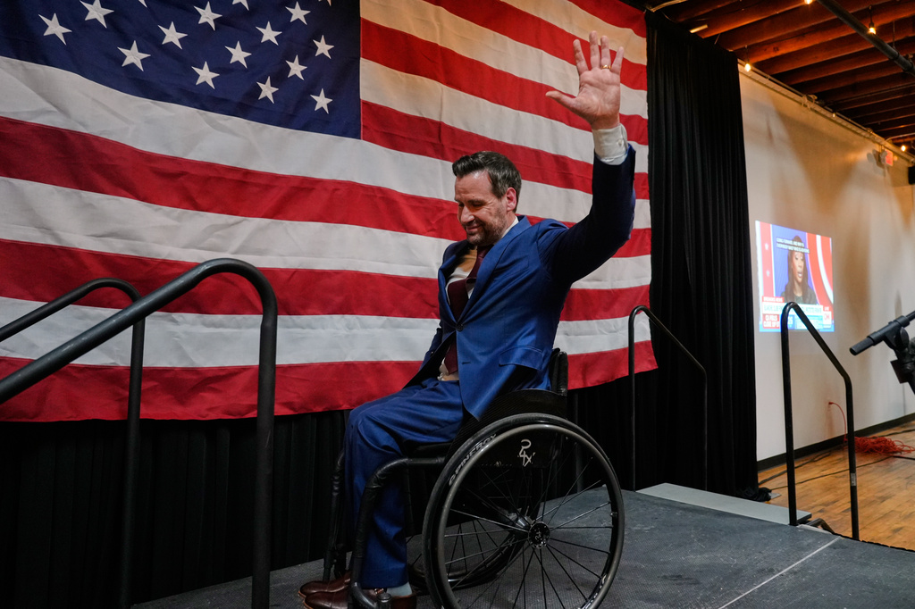 Iowa state Rep. Josh Turek leaves the stage after speaking during a primary election night watch party after winning the Democratic nomination for U.S. Senate, Tuesday, June 2, 2026, in Des Moines, Iowa. (AP Photo/Bryon Houlgrave)