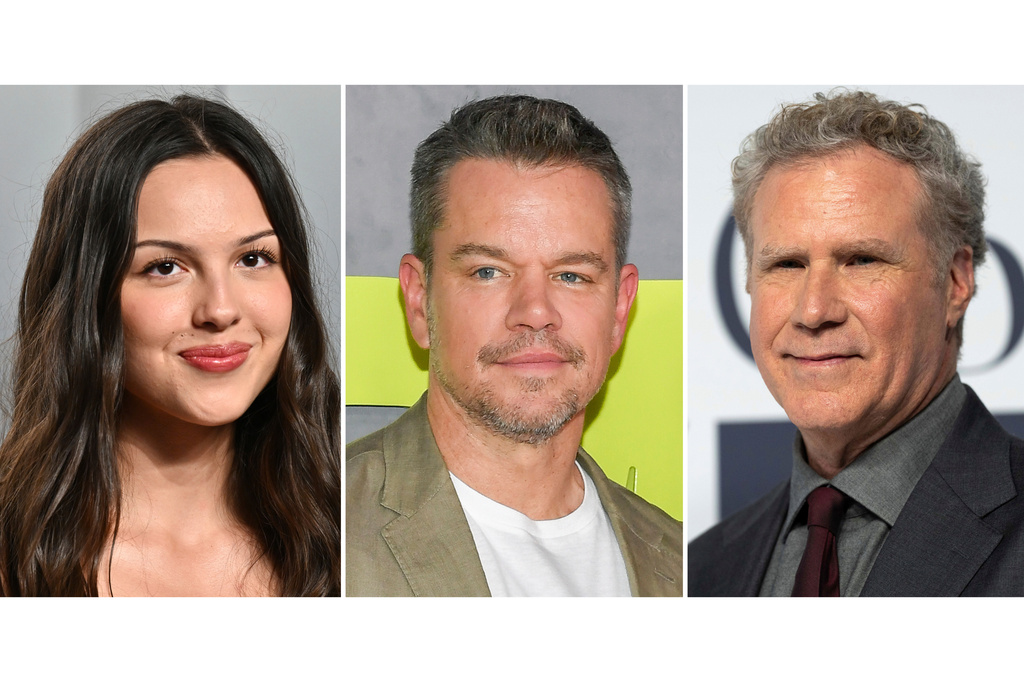 This combination of images shows Olivia Rodrigo, from left, Matt Damon, and Will Ferrell. (AP Photo)