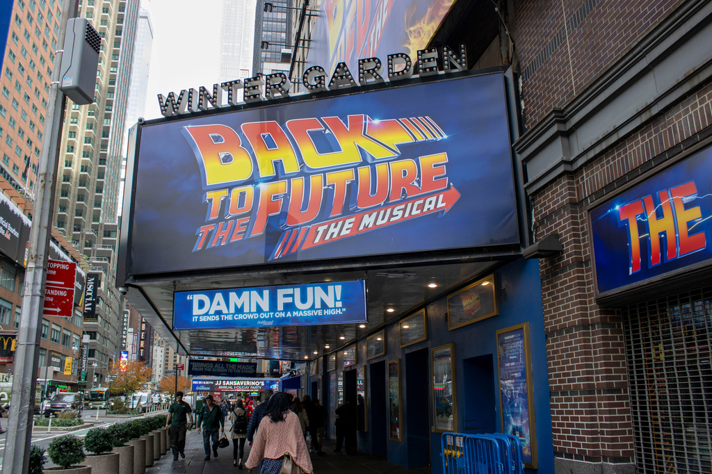 FILE - Back to the Future: The Musical is playing at the Winter Garden Theatre on Broadway in New York on Friday, Nov. 16, 2023. (AP Photo/Ted Shaffrey, File)