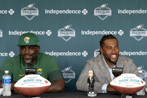 FILE - Former Philadelphia Eagles stars Michael Vick, left, and DeSean Jackson address the media at the Eagles' NFL football training camp Tuesday, Aug. 12, 2025, in Philadelphia. (Jose F. Moreno/The Philadelphia Inquirer via AP, file) FILE - Former Philadelphia Eagles stars Michael Vick, left, and DeSean Jackson address the media at the Eagles' NFL football training camp Tuesday, Aug. 12, 2025, in Philadelphia. (Jose F. Moreno/The Philadelphia Inquirer via AP, file)