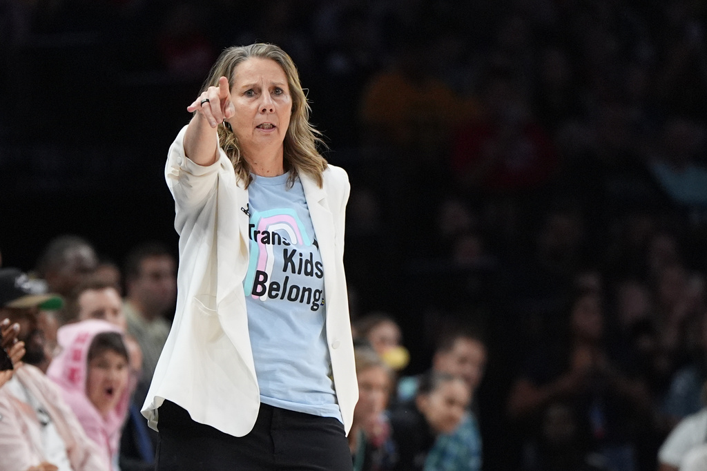 Minnesota Lynx head coach Cheryl Reeve points during the first half of a WNBA basketball game against the Indiana Fever, Sunday, Aug. 2, 2026, in Minneapolis. (AP Photo/Abbie Parr)