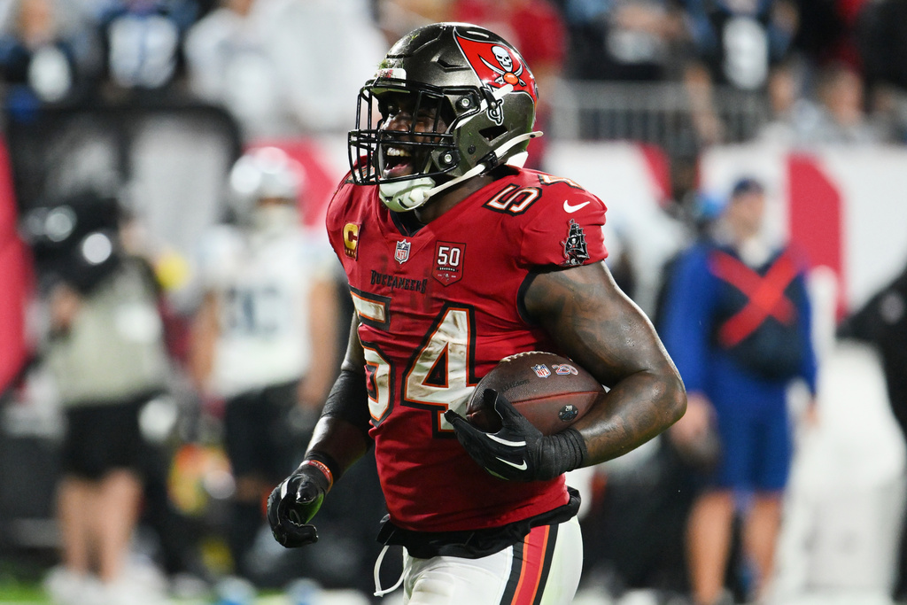 Tampa Bay Buccaneers linebacker Lavonte David (54) celebrates after recovering a fumble by Carolina Panthers running back Rico Dowdle during the second half of an NFL football game Saturday, Jan. 3, 2026, in Tampa, Fla. (AP Photo/Jason Behnken)