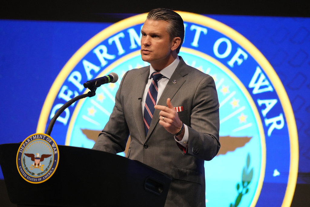 Defense Secretary Pete Hegseth speaks during the 4th annual Northeast Indiana Defense Summit at Purdue University Fort Wayne, Wednesday, Nov. 12, 2025, in Fort Wayne, Ind. (AP Photo/Darron Cummings)