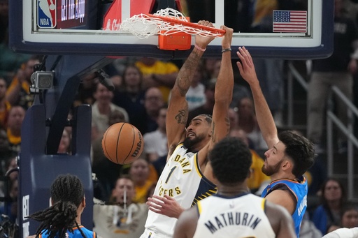 Indiana Pacers' Obi Toppin (1) dunks against Oklahoma City Thunder's Chet Holmgren during the first half of an NBA basketball game, Thursday, Oct. 23, 2025, in Indianapolis. (AP Photo/Darron Cummings) Indiana Pacers' Obi Toppin (1) dunks against Oklahoma City Thunder's Chet Holmgren during the first half of an NBA basketball game, Thursday, Oct. 23, 2025, in Indianapolis. (AP Photo/Darron Cummings)