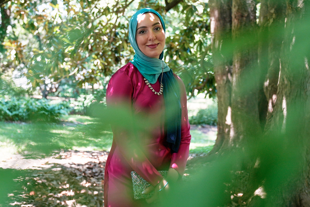 Yasmin Elhady, a matchmaker featured on the series "Muslim Matchmaker" on Hulu, poses in Falls Church, Va., on Tuesday, Aug. 12, 2025. (AP Photo/Mariam Zuhaib)