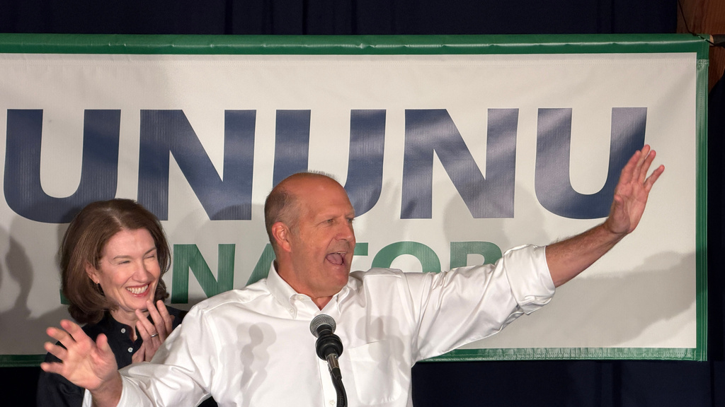 Republican U.S. Senate nominee John E. Sununu gesturing while addressing supporters in Manchester, N.H., on Tuesday, Sept. 8, 2026, shortly after winning his party's primary election. (AP Photo/Rodrique Ngowi)