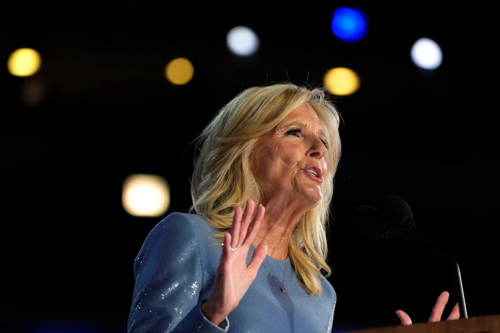 FILE - First lady Jill Biden speaks during the first day of Democratic National Convention, Aug. 19, 2024, in Chicago. (AP Photo/Jacquelyn Martin, File)