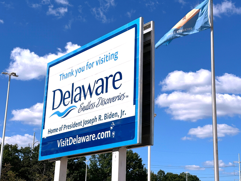 A sign greets visitors at the Biden Welcome Center in Newark, Del., Monday, Sept. 7, 2026. (AP Photo/Robert Yoon)
