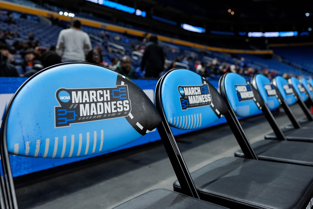 Chairs with March Madness logo are seen prior to the first round of the NCAA college basketball tournament, Wednesday, March 18, 2026, in Buffalo, N.Y. (AP Photo/Yuki Iwamura)