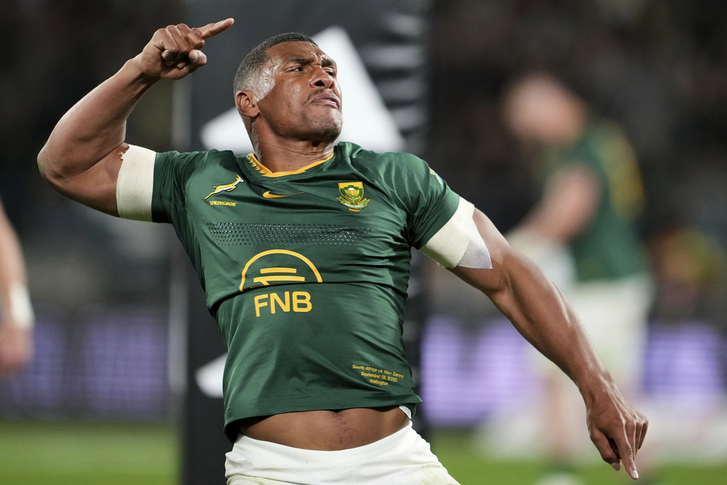 South Africa Damian Williamse celebrates after scoring a try during their Rugby Championship test match against New Zealand in Wellington, New Zealand, Saturday, Sept. 13, 2025. (AP Photo/Marty Melville)
