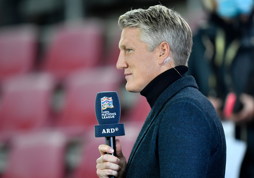 FILE - Former German soccer player Bastian Schweinsteiger conducts an interview ahead of the UEFA Nations League soccer match between Germany and Switzerland in Cologne, Germany, Oct. 13, 2020. (AP Photo/Martin Meissner, File)