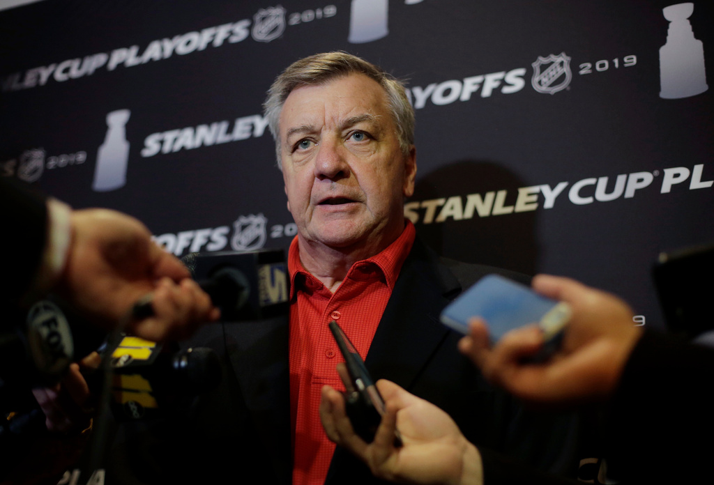 FILE - Carolina Hurricanes general manager Don Waddell faces reporters during a media availability Wednesday, May 8, 2019, in Boston. (AP Photo/Steven Senne, File)