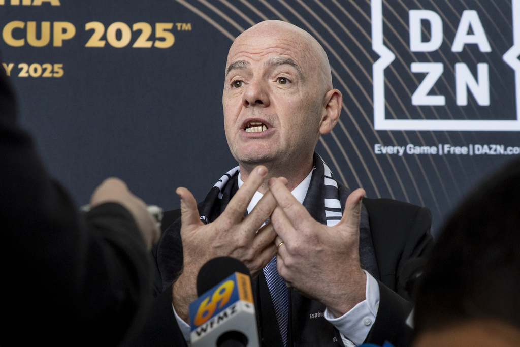 FILE - FIFA President Gianni Infantino speaks to the media at a welcoming event for the 2025 FIFA Club World Cup soccer tournament, April 10, 2025, in Philadelphia. (AP Photo/Chris Szagola, file)