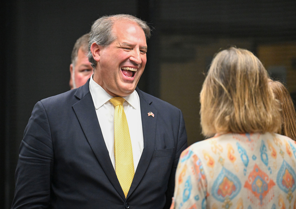Rhett Marques, candidate for U.S. Congressional District 2, Monday, July 27, 2026, speaks to attendees during a Houston County Republican Meet the Candidates event in Dothan, Ala. (AP Photo/Julie Bennett)