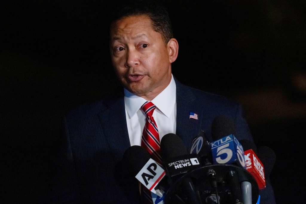 LAPD Deputy Chief Alan Hamilton speaks near Rob Reiner's residence Sunday, Dec. 14, 2025, in the Brentwood section of Los Angeles. (AP Photo/Ethan Swope)