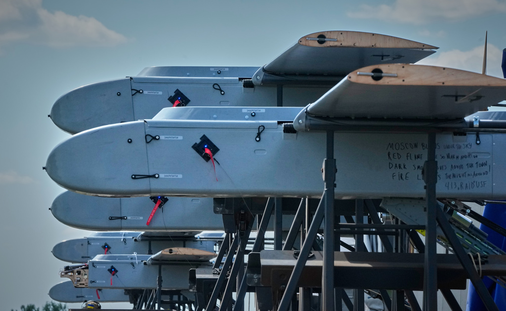 Ukrainian FP-1 long-range attack drones are seen moments before launch by the 413th Separate Regiment of Unmanned Systems "Raid" on a deep-strike drone mission to hit Russian targets deep in their territory, in an undisclosed location in Ukraine, Sunday, Aug. 16, 2026. (AP Photo/Efrem Lukatsky)