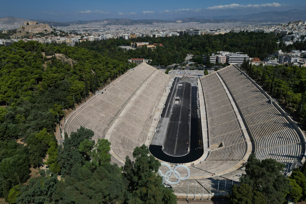 An aerial view of the Panathenaic Stadium, also known as "Kallimarmaro, or beautiful marble," which hosted the first modern Olympic Games in 1896, is seen during renovation work in Athens, Greece, Thursday, Aug. 13, 2026. (AP Photo/Thanassis Stavrakis)