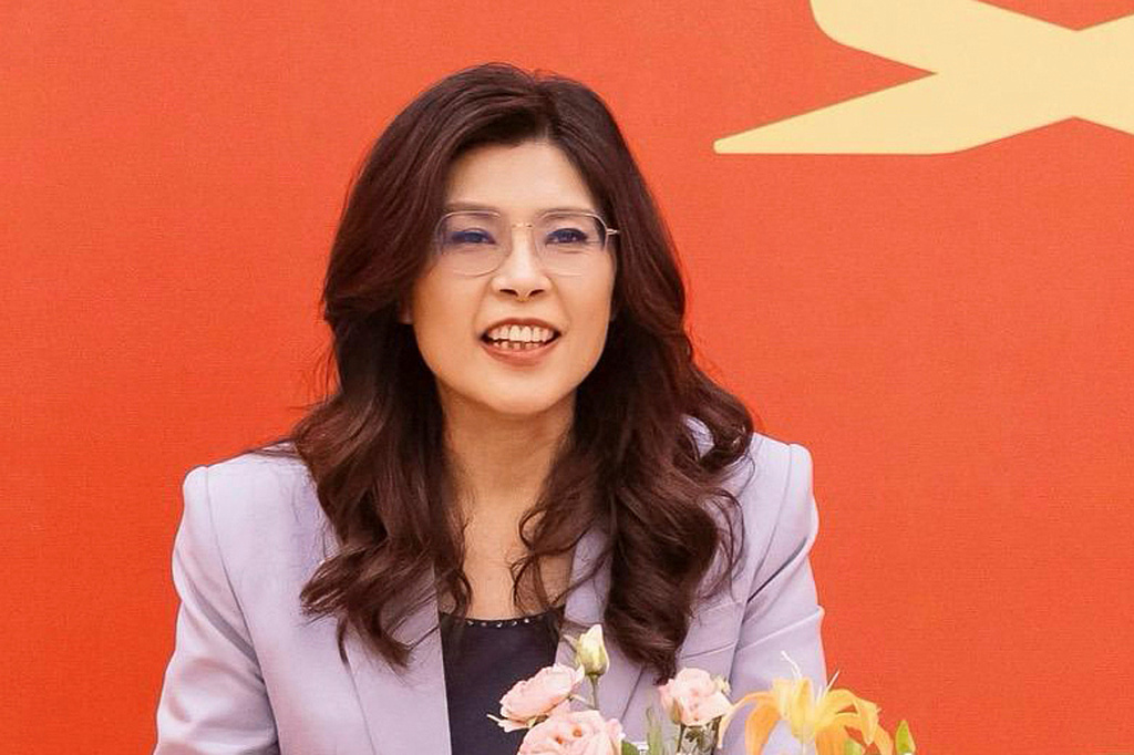 In this photo released by Kuomintang, Taiwan's Kuomintang (KMT) leader Cheng Li-wun speaks at a dinner gala with China's Director of Taiwan Affairs Office Song Tao in Shanghai, China Tuesday, April 7, 2026. (Kuomintang via AP)