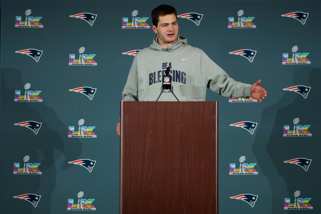 New England Patriots quarterback Drake Maye talks to the media during a news conference Thursday, Feb. 5, 2026, in Santa Clara, Calif., ahead of the Super Bowl 60 NFL football game between the New England Patriots and the Seattle Seahawks. (AP Photo/Charlie Riedel)