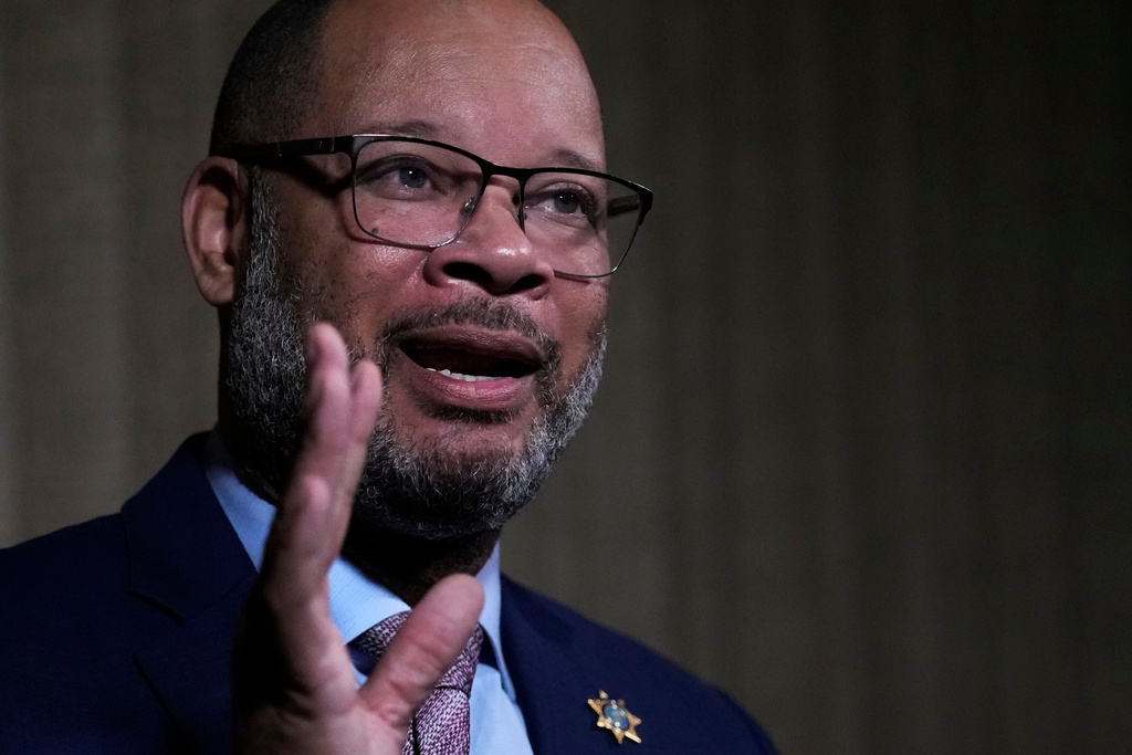 FILE - Aaron Ford, Attorney General of Nevada, answers a question during an interview at the State Attorneys General Association meetings, Nov. 16, 2023, in Boston. (AP Photo/Charles Krupa, file)