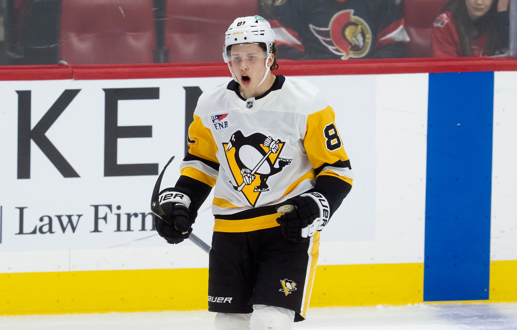 Pittsburgh Penguins' Ben Kindel (81) celebrates his goal during a shootout in an NHL hockey game against the Ottawa Senators in Ottawa, Ontario, Thursday, March 26, 2026. (Adrian Wyld/The Canadian Press via AP)