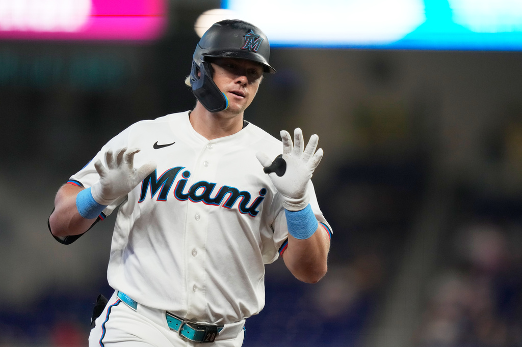Miami Marlins' Kyle Stowers runs the bases after hitting a solo home run during the second inning of a baseball game against the Seattle Mariners, Wednesday, July 8, 2026, in Miami. (AP Photo/Lynne Sladky)