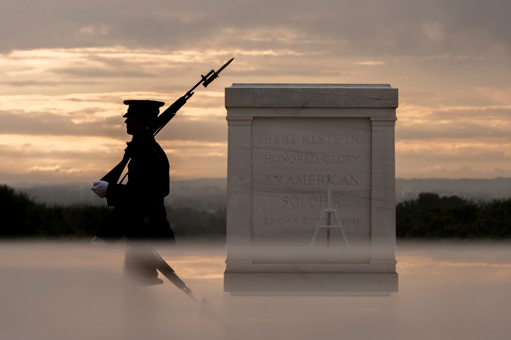 FILE - A tomb guard of the 3rd U.S. Infantry Regiment patrols at the Tomb of the Unknown Soldier, May 15, 2025, Arlington National Cemetery in Arlington, Va. (AP Photo/Julia Demaree Nikhinson, File)