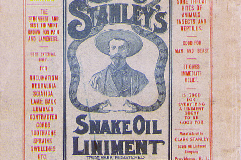 This image provided by the National Library of Medicine shows part of an advertisement for Clark Stanley's Snake Oil Liniment, circa 1905. (NLM via AP)