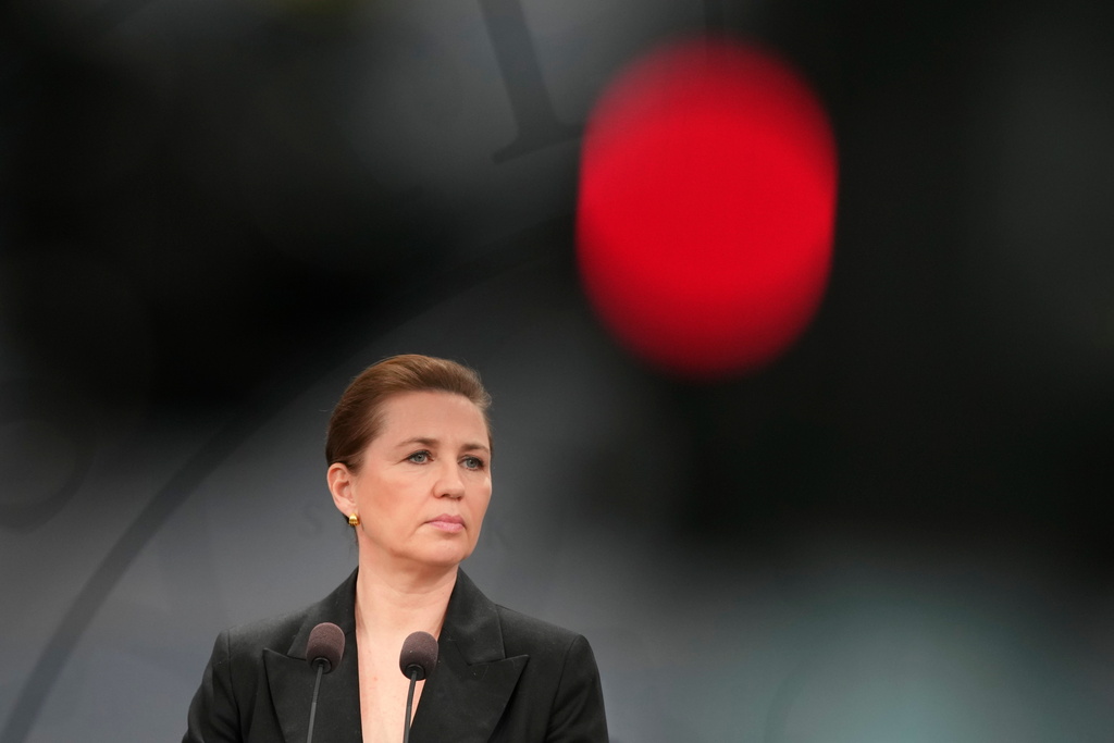 Denmark's Prime Minister Mette Frederiksen looks on as she presents the government's new deportation reform at a press conference in Copenhagen, Friday, Jan. 30, 2026. (Liselotte Sabroe/Ritzau Scanpix via AP)