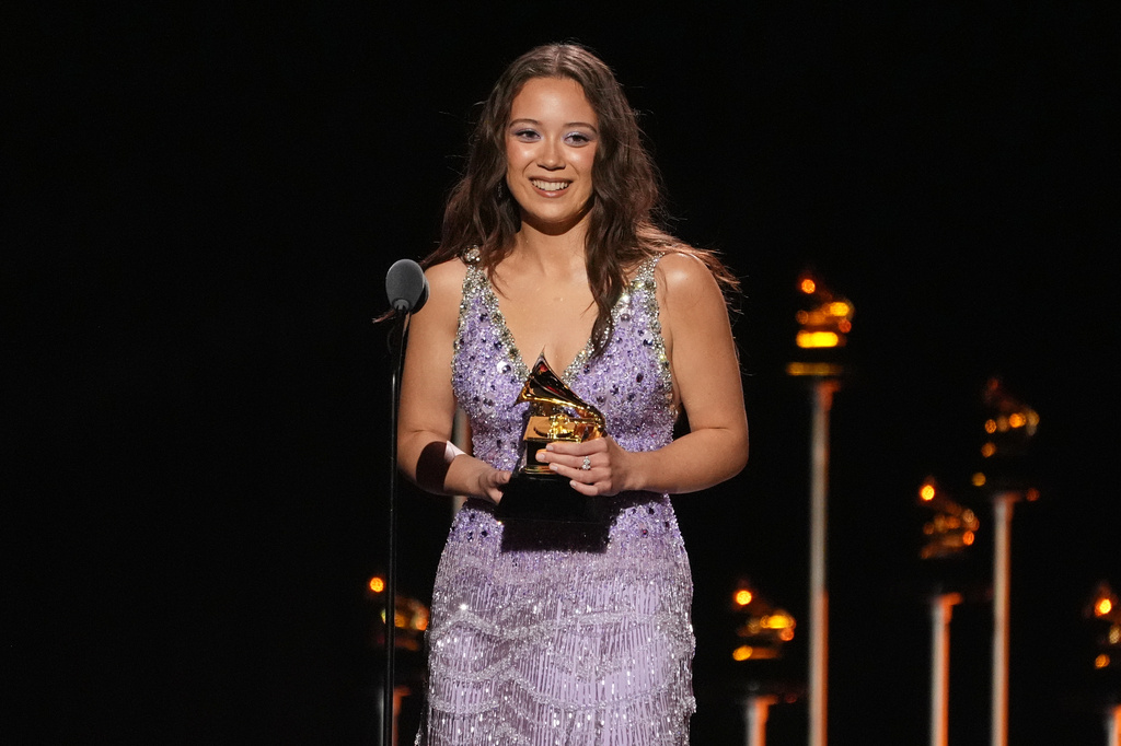 FILE - Laufey accepts the award for best traditional pop vocal album for "A Matter of Time" at the 68th annual Grammy Awards in Los Angeles, Feb. 1, 2026. (AP Photo/Chris Pizzello, File)