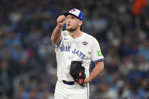 Toronto Blue Jays pitcher Trey Yesavage (39) reacts on the mound during the second inning in Game 1 of baseball's World Series, Friday, Oct. 24, 2025, in Toronto. (Nathan Denette/The Canadian Press via AP) Toronto Blue Jays pitcher Trey Yesavage (39) reacts on the mound during the second inning in Game 1 of baseball's World Series, Friday, Oct. 24, 2025, in Toronto. (Nathan Denette/The Canadian Press via AP)