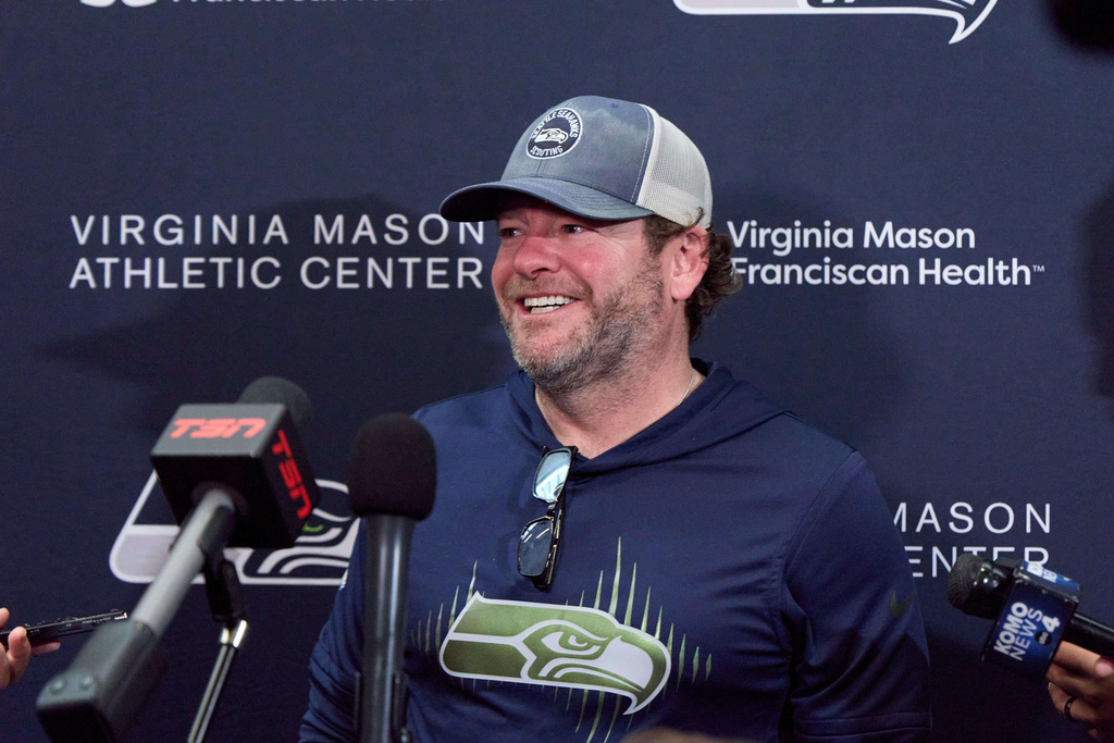 Seattle Seahawks general manager John Schneider speaks during a news conference at the NFL football team's facilities ahead of Super Bowl 60, Thursday, Jan. 29, 2026, in Seattle. (AP Photo/John Froschauer)