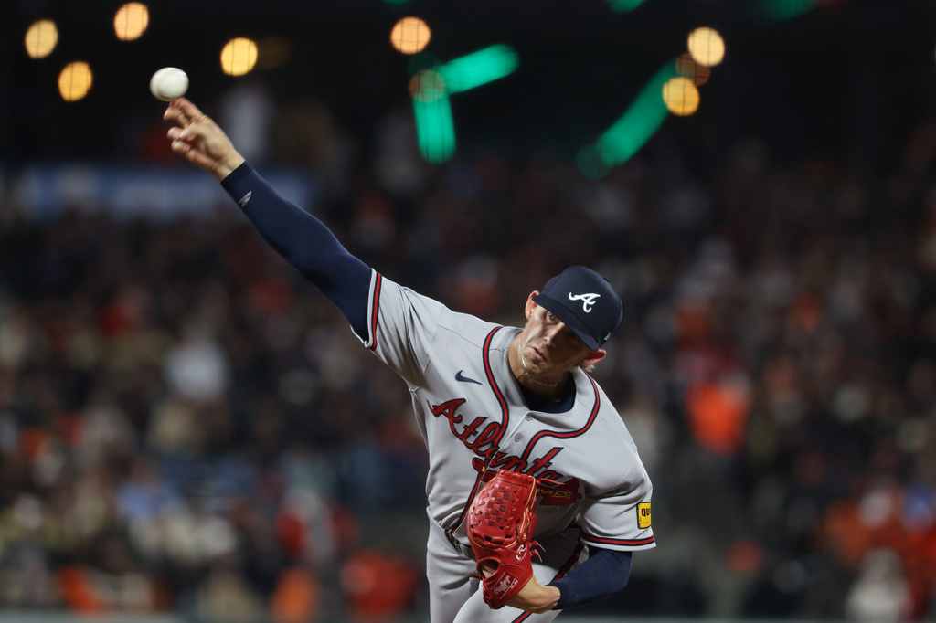 Atlanta Braves' Hurston Waldrep throws against the San Francisco Giants during the sixth inning of a baseball game in San Francisco, Friday, June 26, 2026. (AP Photo/Jed Jacobsohn)