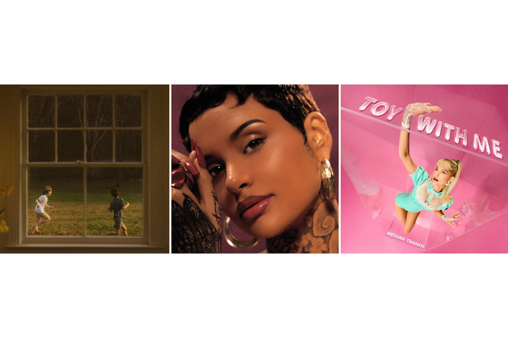 This combination of album cover images shows “The Great Divide” by Noah Kahan, "Kehlani," by Kehlani, and “Toy With Me” by Meghan Trainor. (Mercury Records/Atlantic/Epic via AP)