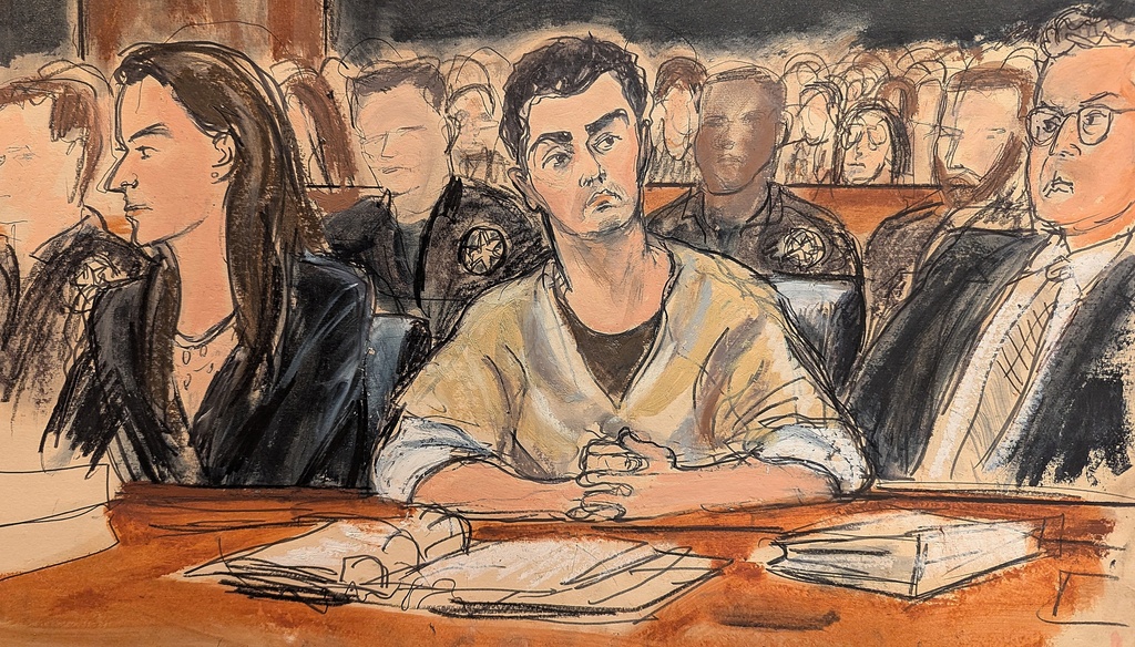 In this courtroom sketch, Luigi Mangione, center, flanked by his attorneys Karen Agnifilo, left and Marc Agnifilo, right, during his court appearance in Manhattan federal court, Friday, Jan. 9, 2026, in New York. (Elizabeth Williams via AP)