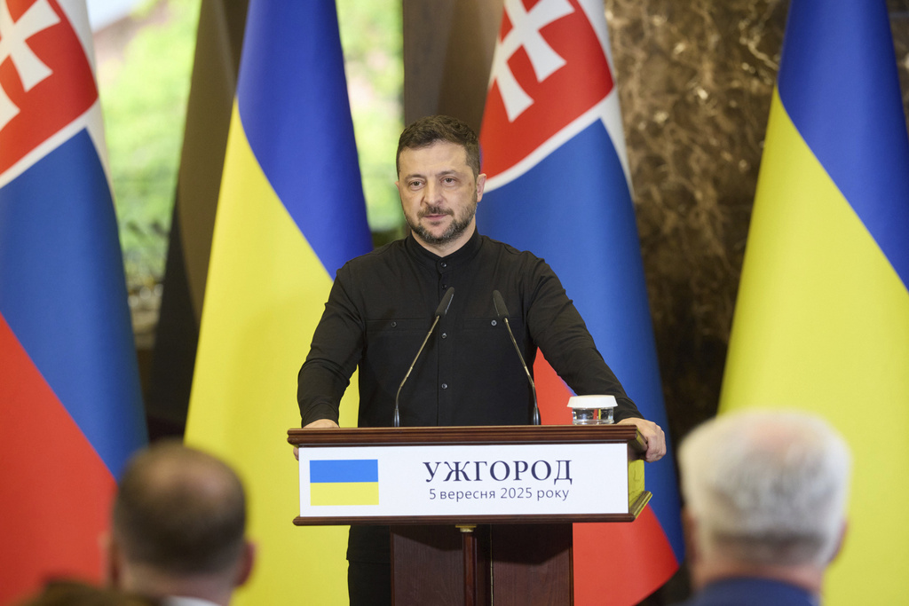 In this photo provided by the Ukrainian Presidential Press Office, Ukrainian President Volodymyr Zelenskyy talk during joint press conference with Prime Minister of Slovakia Robert in Uzhhorod, Ukraine, Friday, Sept. 5 2025. (Ukrainian Presidential Press Office via AP)