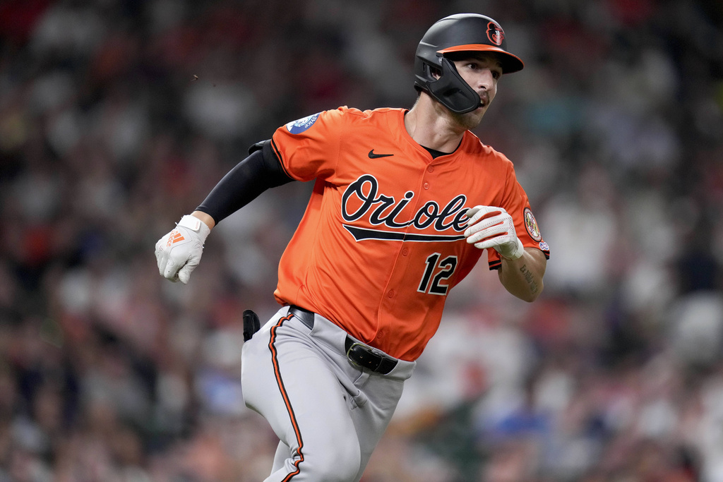 Baltimore Orioles' Dylan Beavers runs to second after hitting a double for his first career major league hit during the eighth inning of a baseball game against the Houston Astros, Saturday, Aug. 16, 2025, in Houston. (AP Photo/Eric Christian Smith)