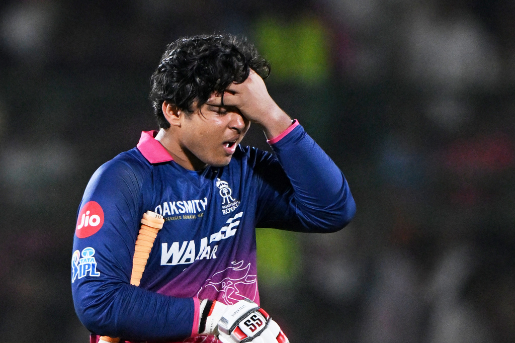 Rajasthan Royals' Vaibhav Sooryavanshi reacts as he leaves the ground after losing his wicket during the Indian Premier League cricket match between Lucknow Super Giants and Rajasthan Royals in Jaipur, India, Tuesday, May 19, 2026. (AP Photo)