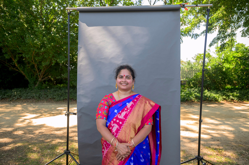 New U.S. citizen Sritanaya Kamireddy, from India, poses for a portrait following a naturalization ceremony on Independence Day at George Washington's Mount Vernon, Saturday, July 4, 2026, in Alexandria, Va. (AP Photo/Rod Lamkey, Jr.)