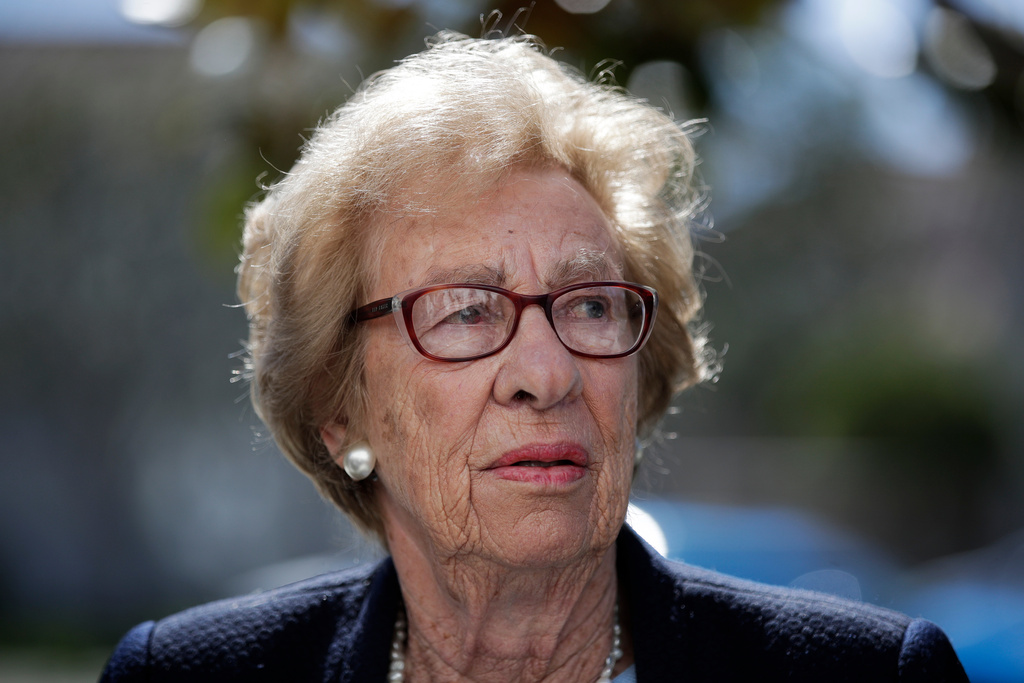 FILE - Eva Schloss, the stepsister of Anne Frank and a Holocaust survivor, attends a news conference in Newport Beach, Calif. Thursday, March 7, 2019 (AP Photo/Jae C. Hong, file)