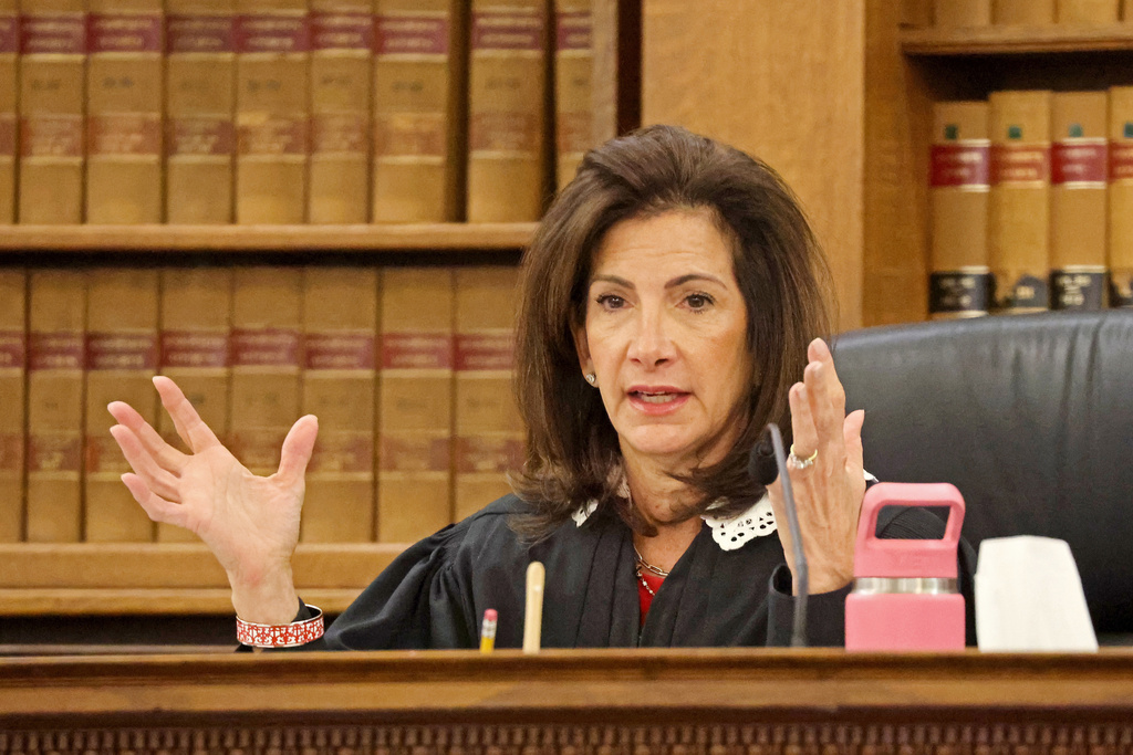 Judge Diane Freniere gives instructions to the lawyers during Brian Walshe's murder trial, Friday, Dec. 12, 2025, in Dedham, Mass. (Stuart Cahill/The Boston Herald via AP, Pool)